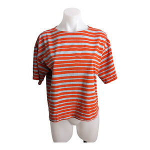 Marimekko Uniqlo Sz Small Crew Neck Tee T Shirt Orange Blue Stripe Half Sleeves